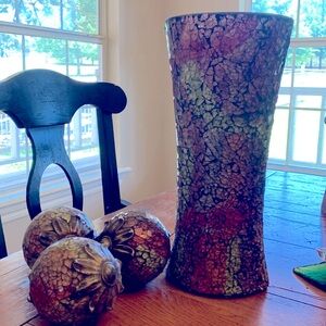 Vintage cracked glass vase and 3 decorative cracked glass balls
